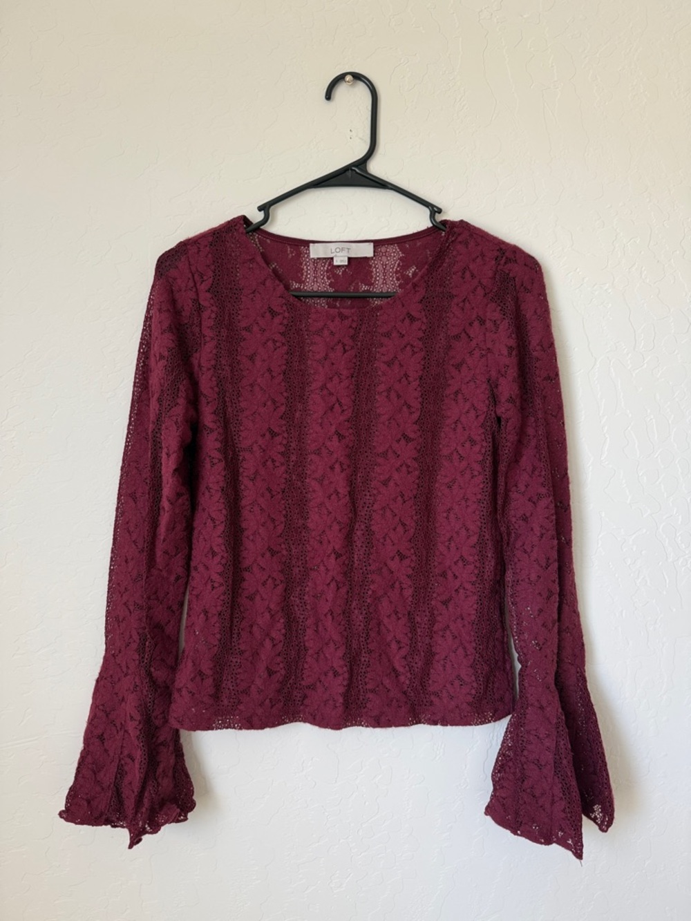 LOFT Burgundy Lace Bell-Sleeve Blouse